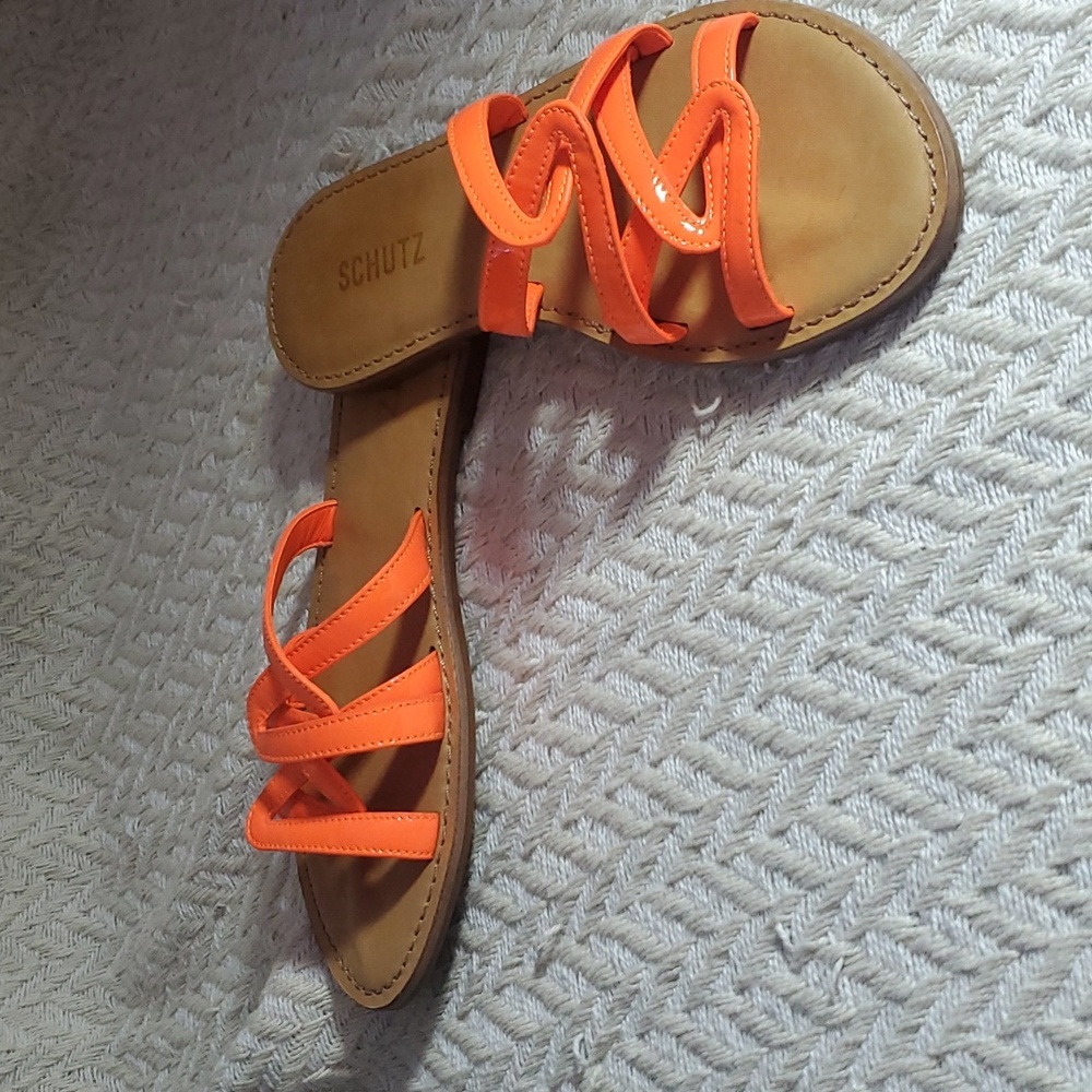Schutz Lyra Slide Neon Orange Leather Sandal